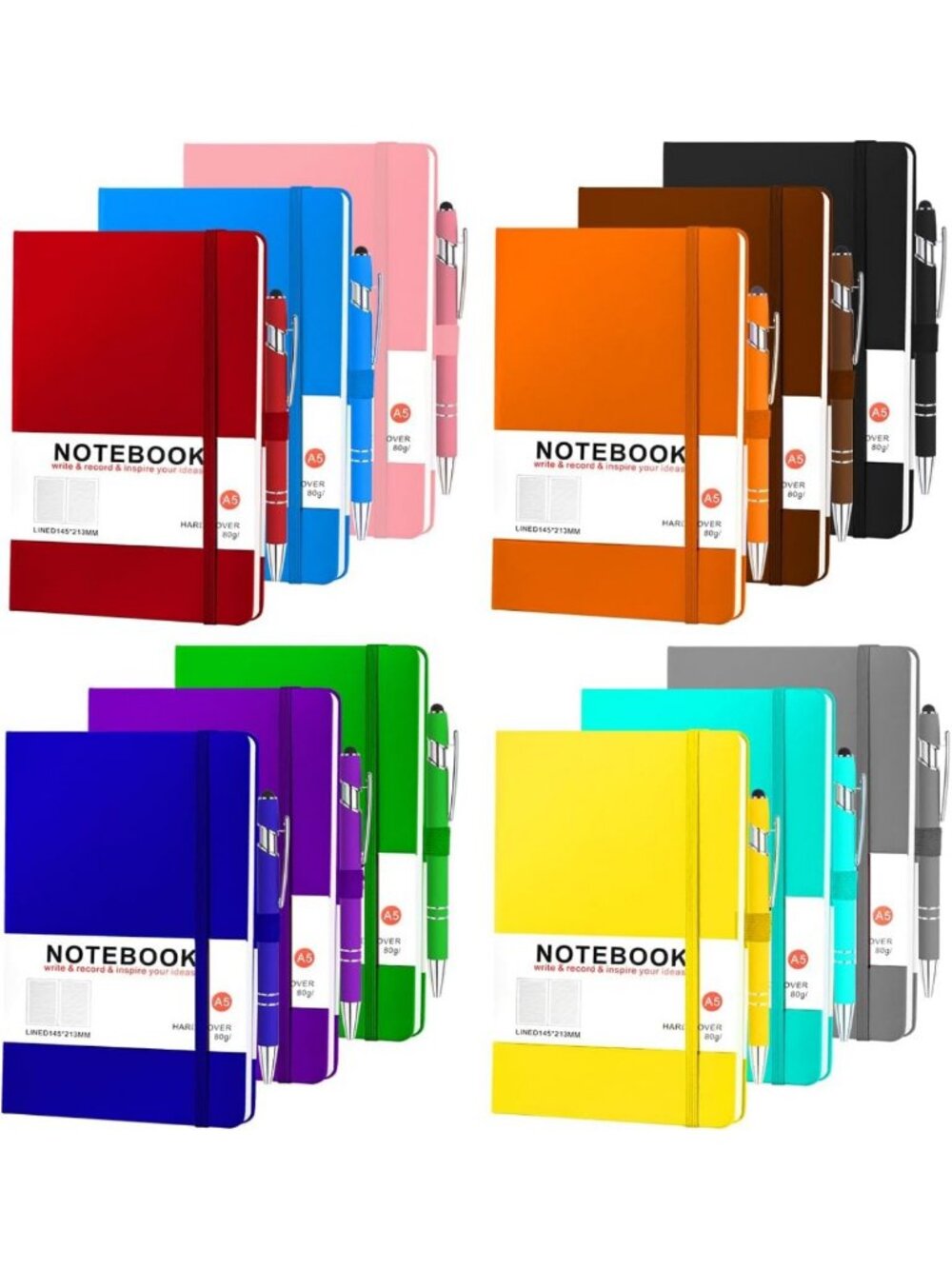 12-Pack A5 Hardcover Notebooks with Lined Pages & Pens - Perfect for Journaling